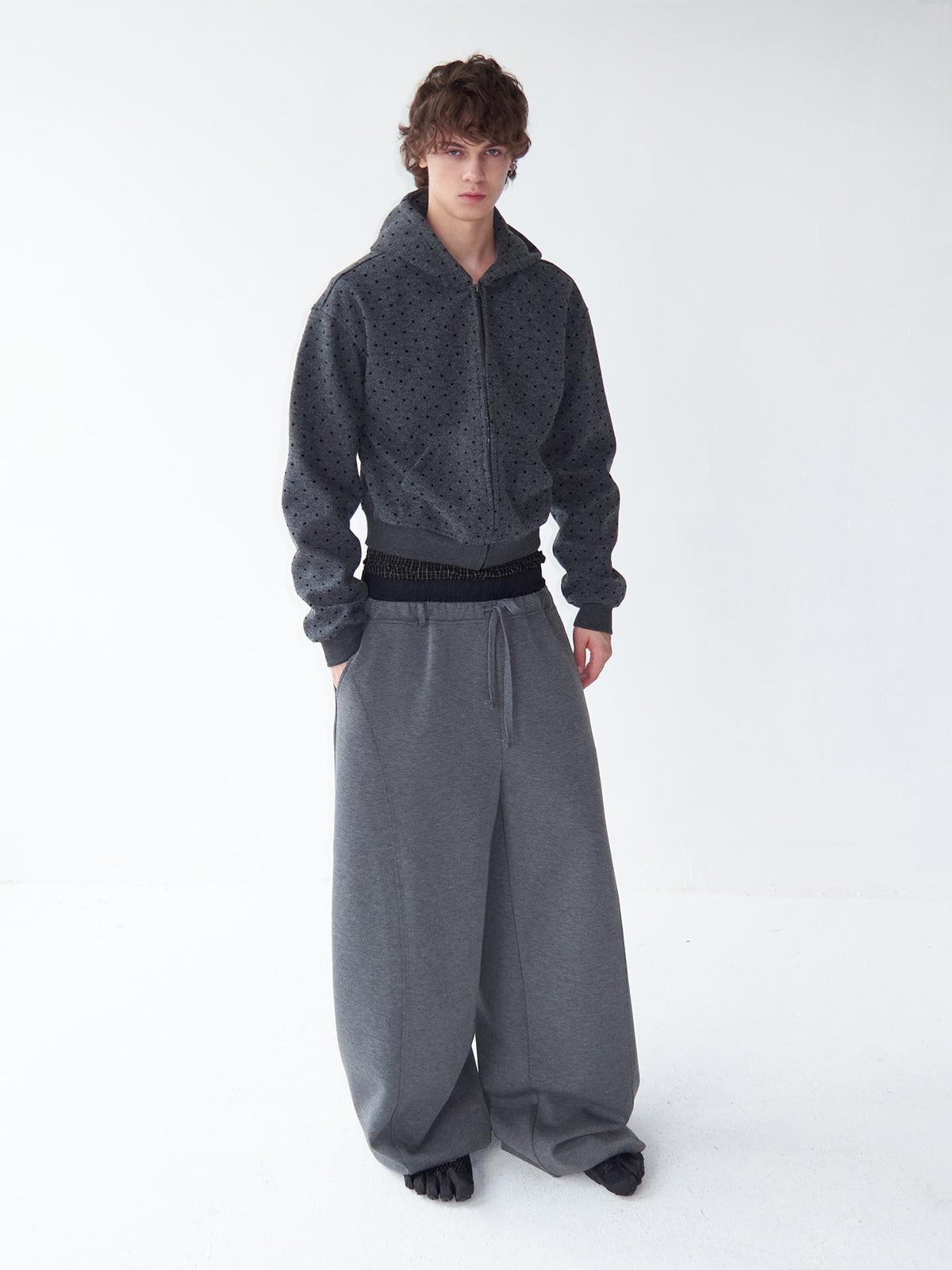 Delivery Gray Polka Dot Hooded Zip Short Fleece Wool Women&