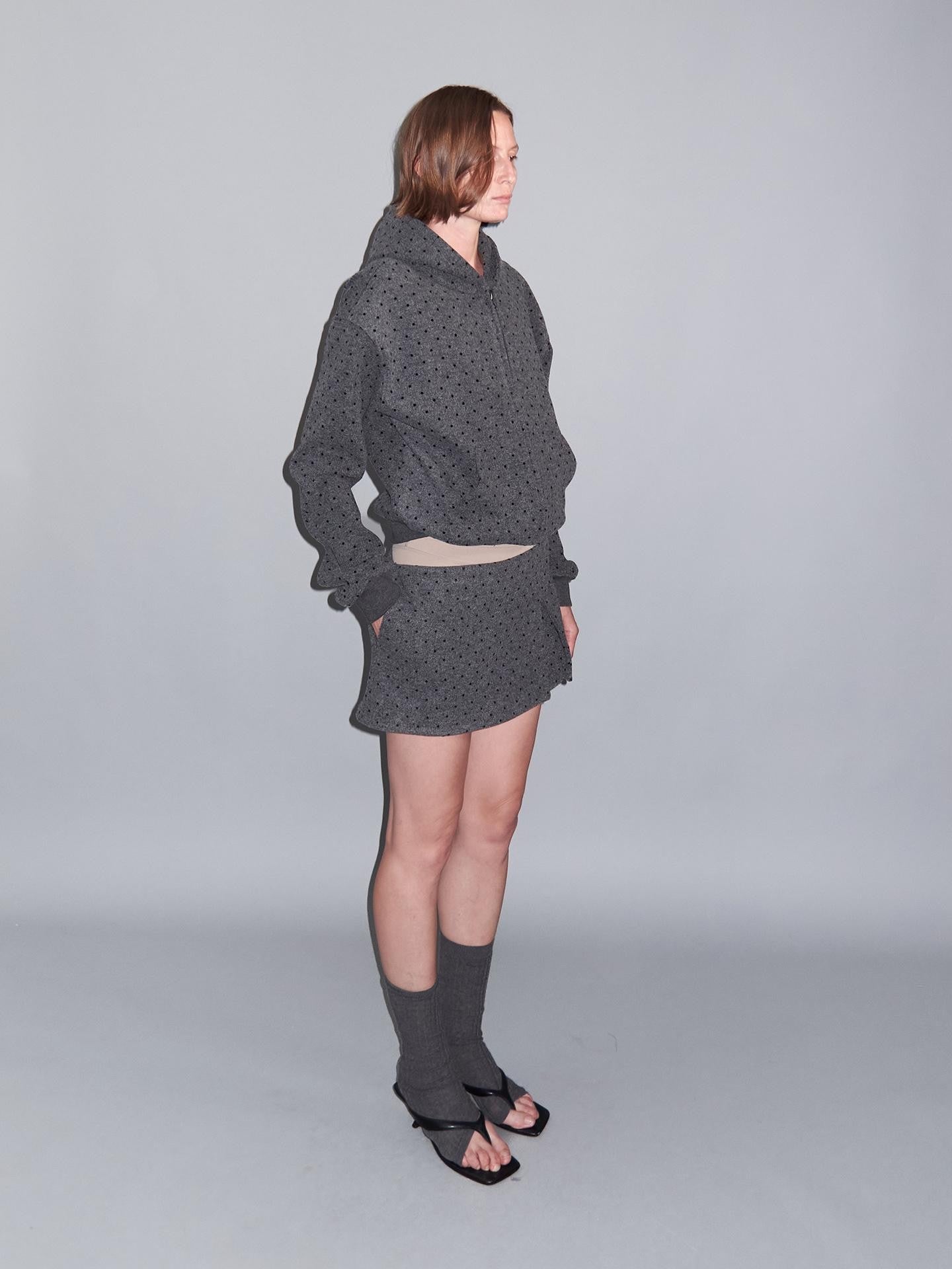 Delivery Gray Polka Dot Hooded Zip Short Fleece Wool Women&