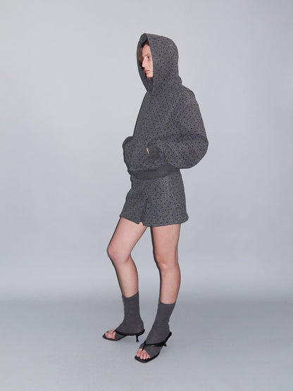 Delivery Gray Polka Dot Hooded Zip Short Fleece Wool Women&