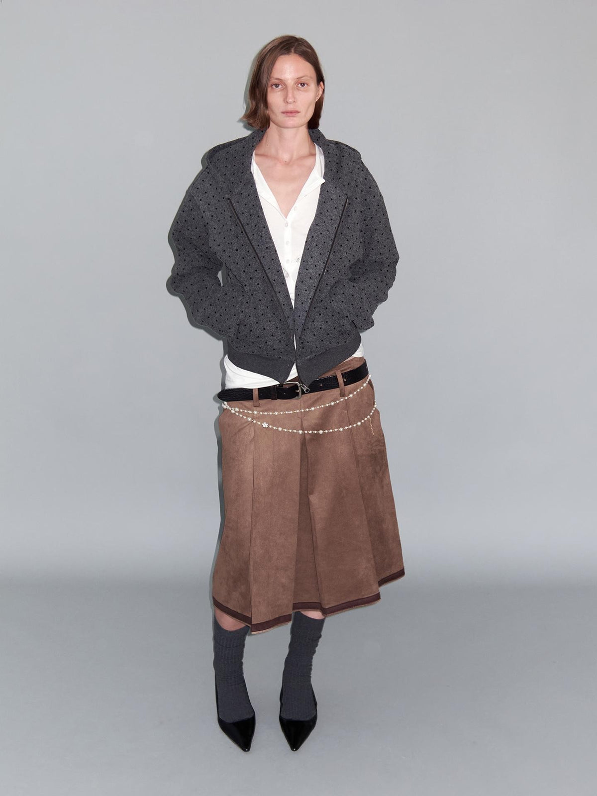 Delivery Gray Polka Dot Hooded Zip Short Fleece Wool Women&