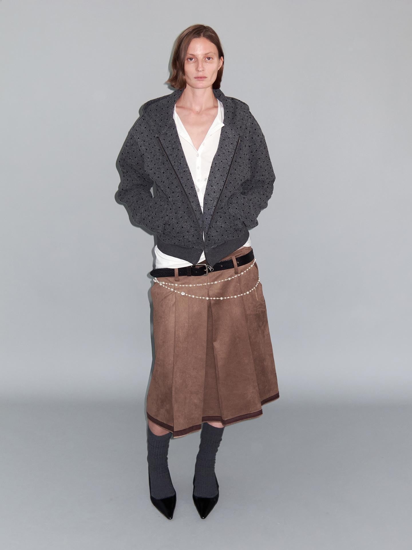 Delivery Gray Polka Dot Hooded Zip Short Fleece Wool Women&