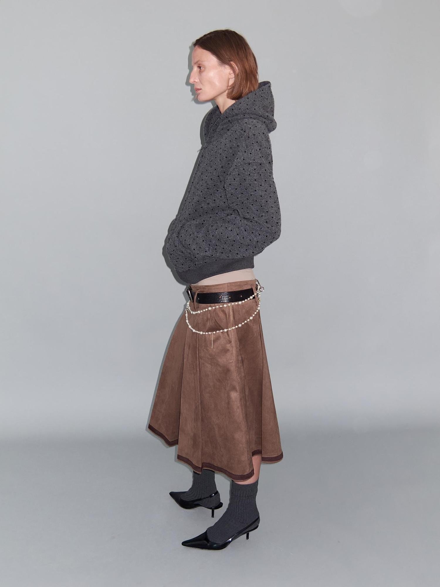 Delivery Gray Polka Dot Hooded Zip Short Fleece Wool Women&