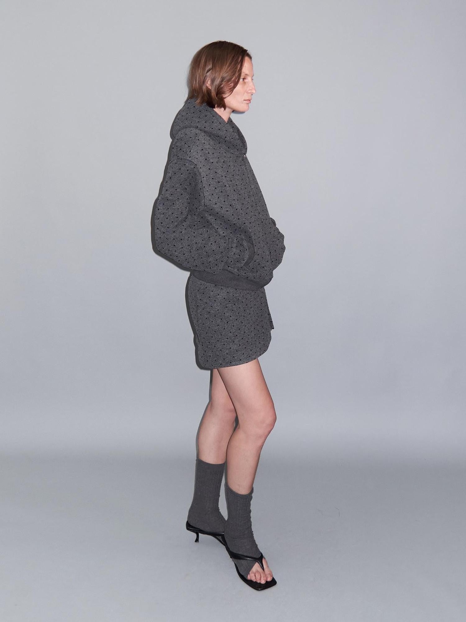 Delivery Gray Polka Dot Hooded Zip Short Fleece Wool Women&
