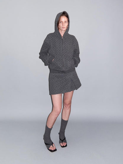Delivery Gray Polka Dot Hooded Zip Short Fleece Wool Women&
