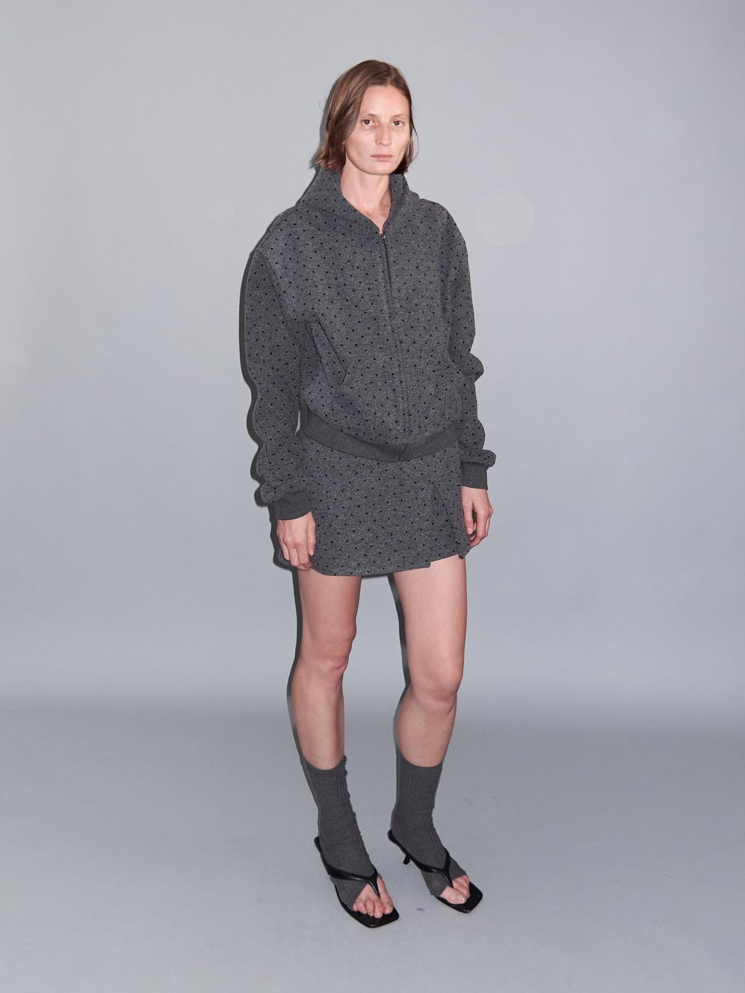 Delivery Gray Polka Dot Hooded Zip Short Fleece Wool Women&