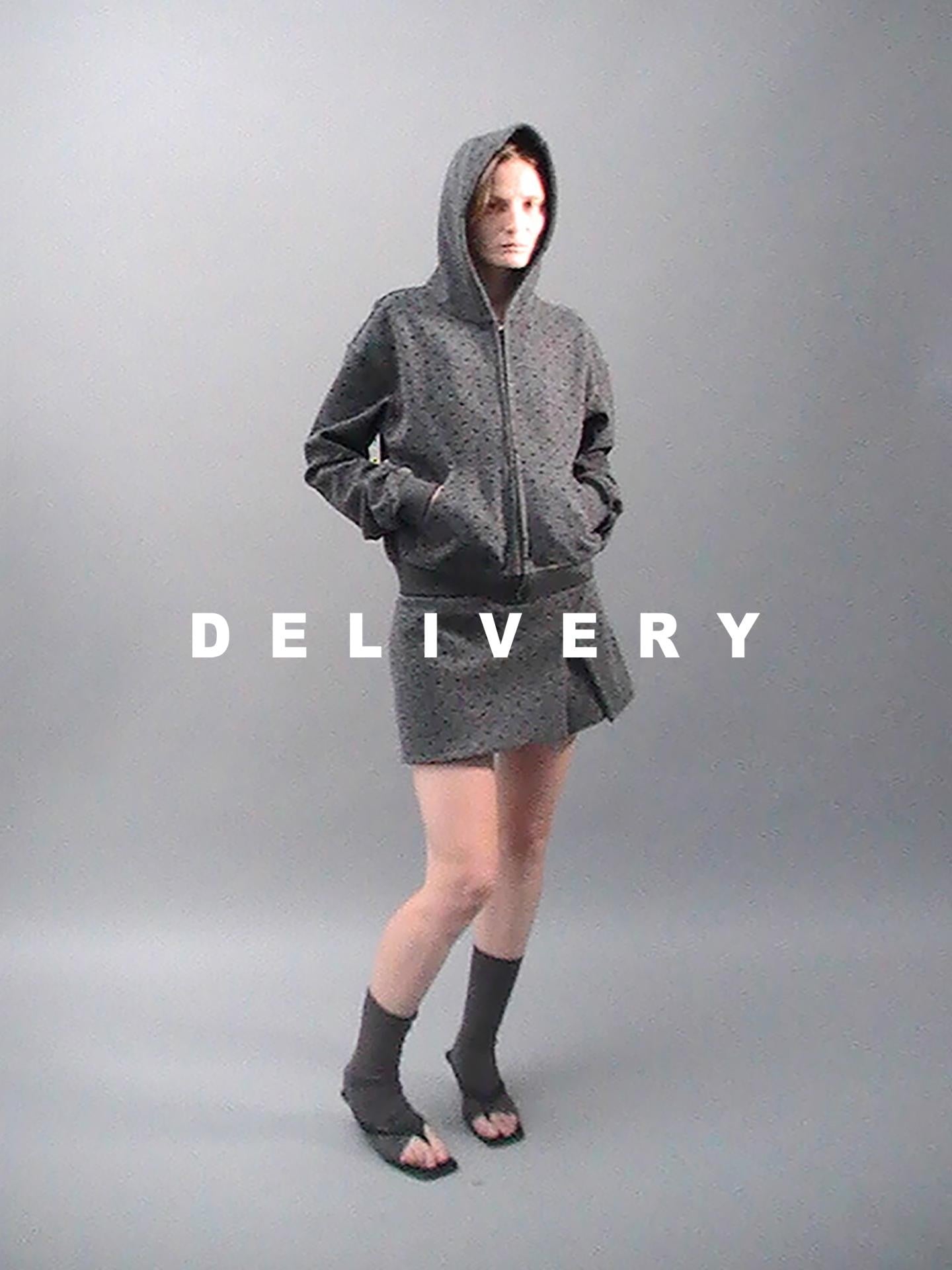 Delivery Gray Polka Dot Hooded Zip Short Fleece Wool Women&