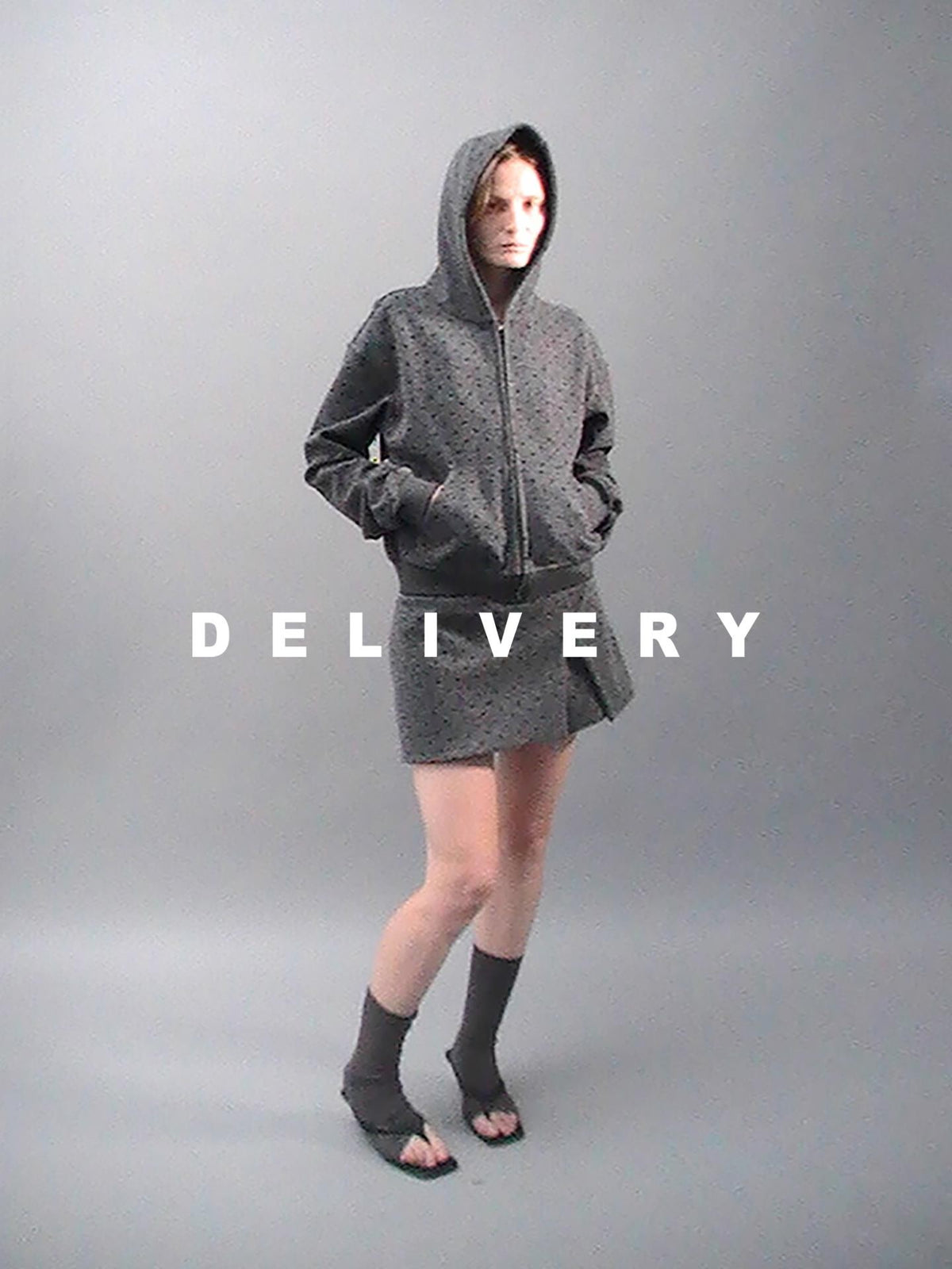 Delivery Gray Polka Dot Hooded Zip Short Fleece Wool Women&