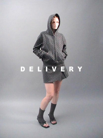 Delivery Gray Polka Dot Hooded Zip Short Fleece Wool Women&