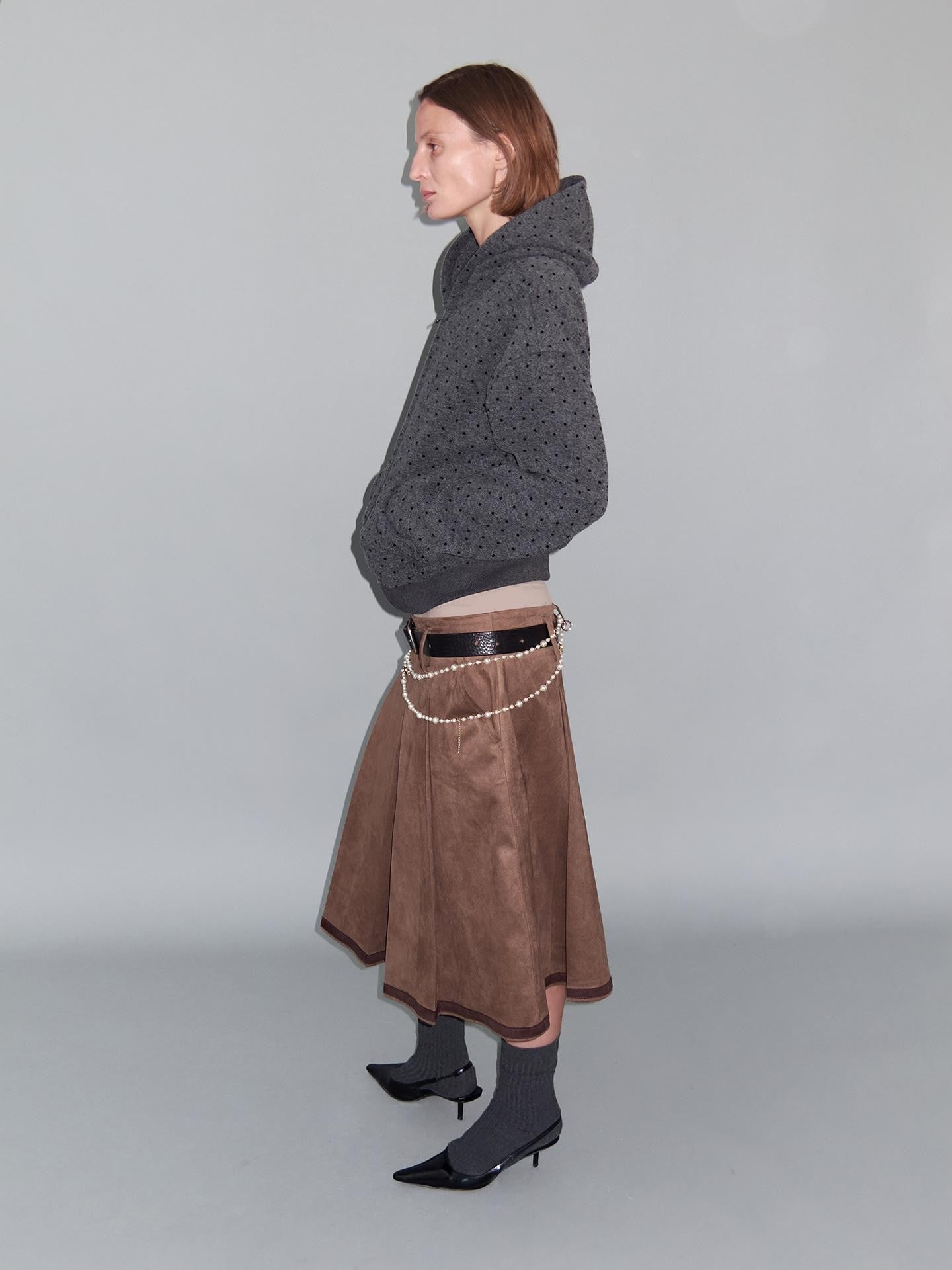 Delivery Gray Polka Dot Hooded Zip Short Fleece Wool Women&