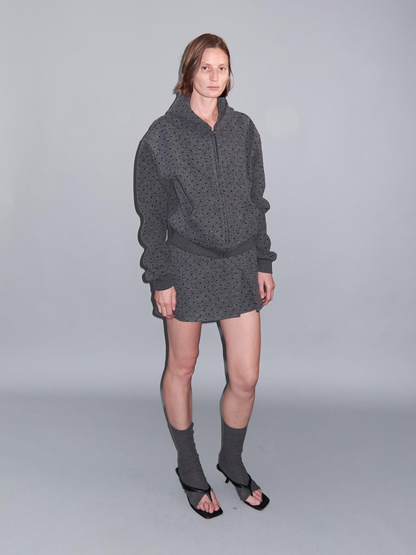 Delivery Gray Polka Dot Hooded Zip Short Fleece Wool Women&