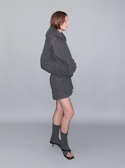 Delivery Gray Polka Dot Hooded Zip Short Fleece Wool Women&