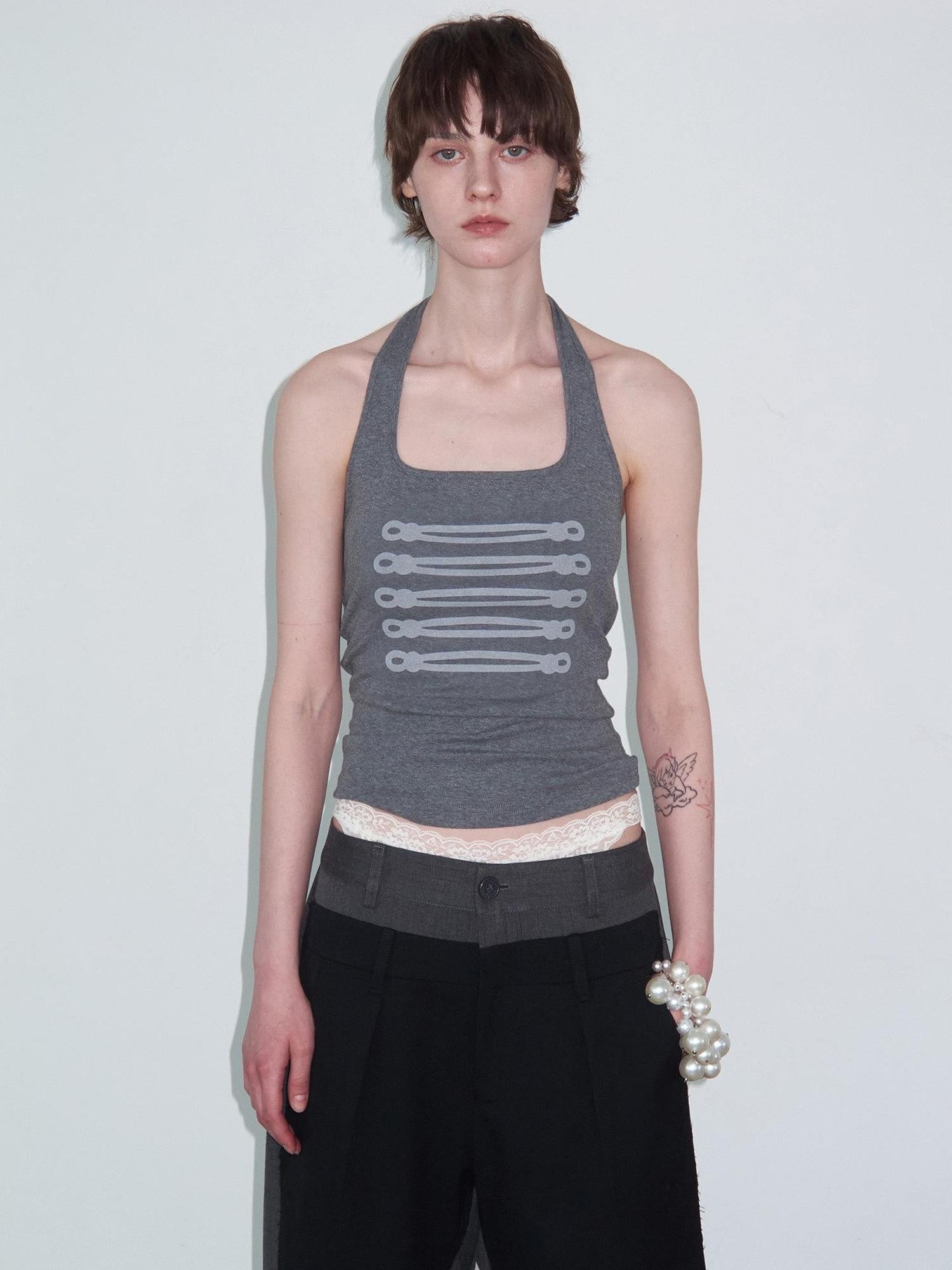 Delivery Gray Printed Napoleon Buttons Square Neck Slim Fit Cropped Women&