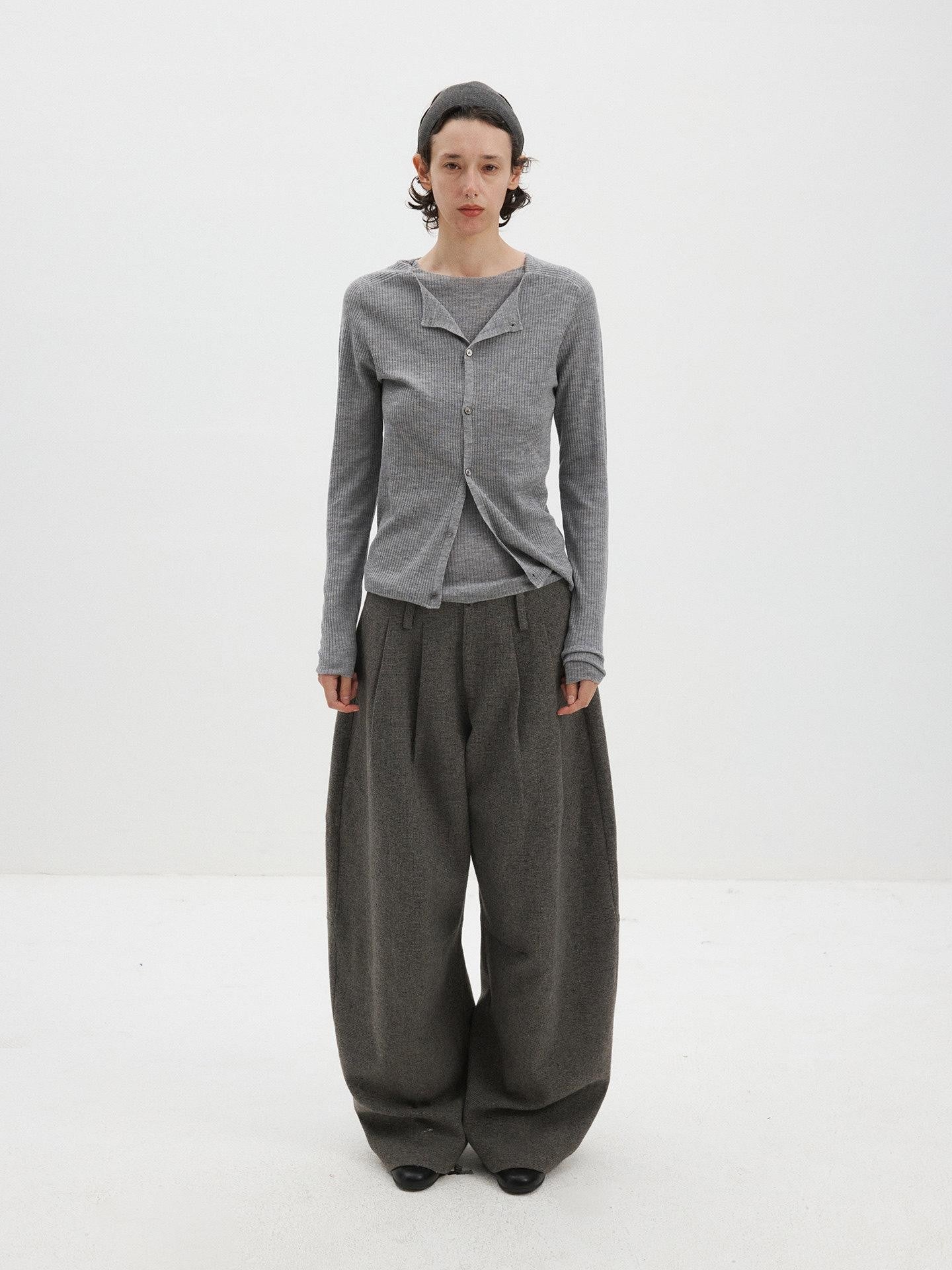 Delivery Gray Ribbed Slim Button Layered Two Piece Round Neck Women&