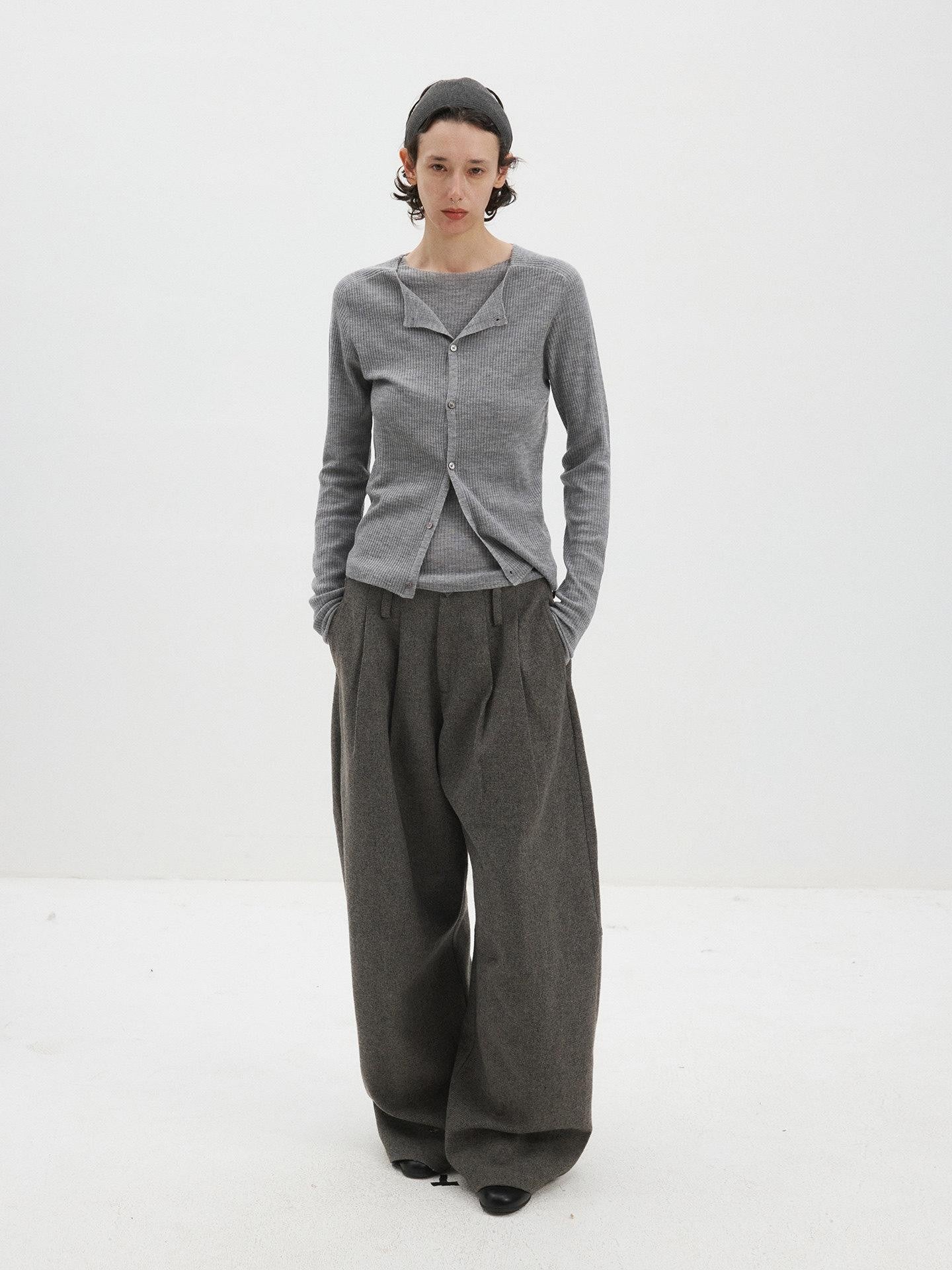 Delivery Gray Ribbed Slim Button Layered Two Piece Round Neck Women&