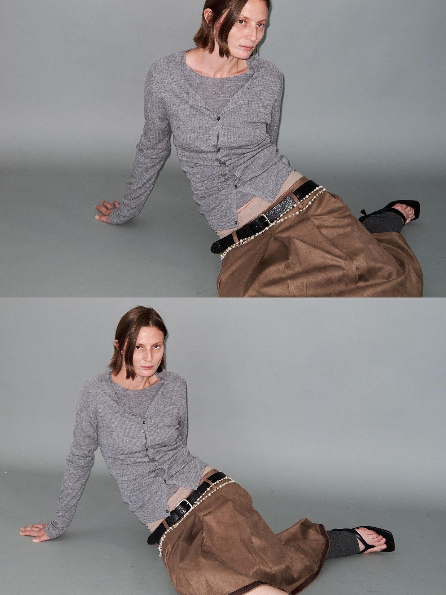 Delivery Gray Ribbed Slim Button Layered Two Piece Round Neck Women&