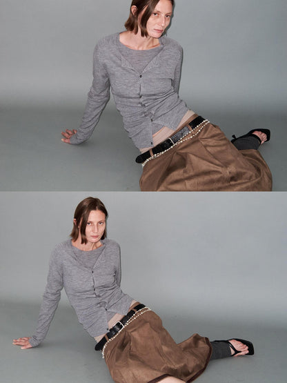 Delivery Gray Ribbed Slim Button Layered Two Piece Round Neck Women&