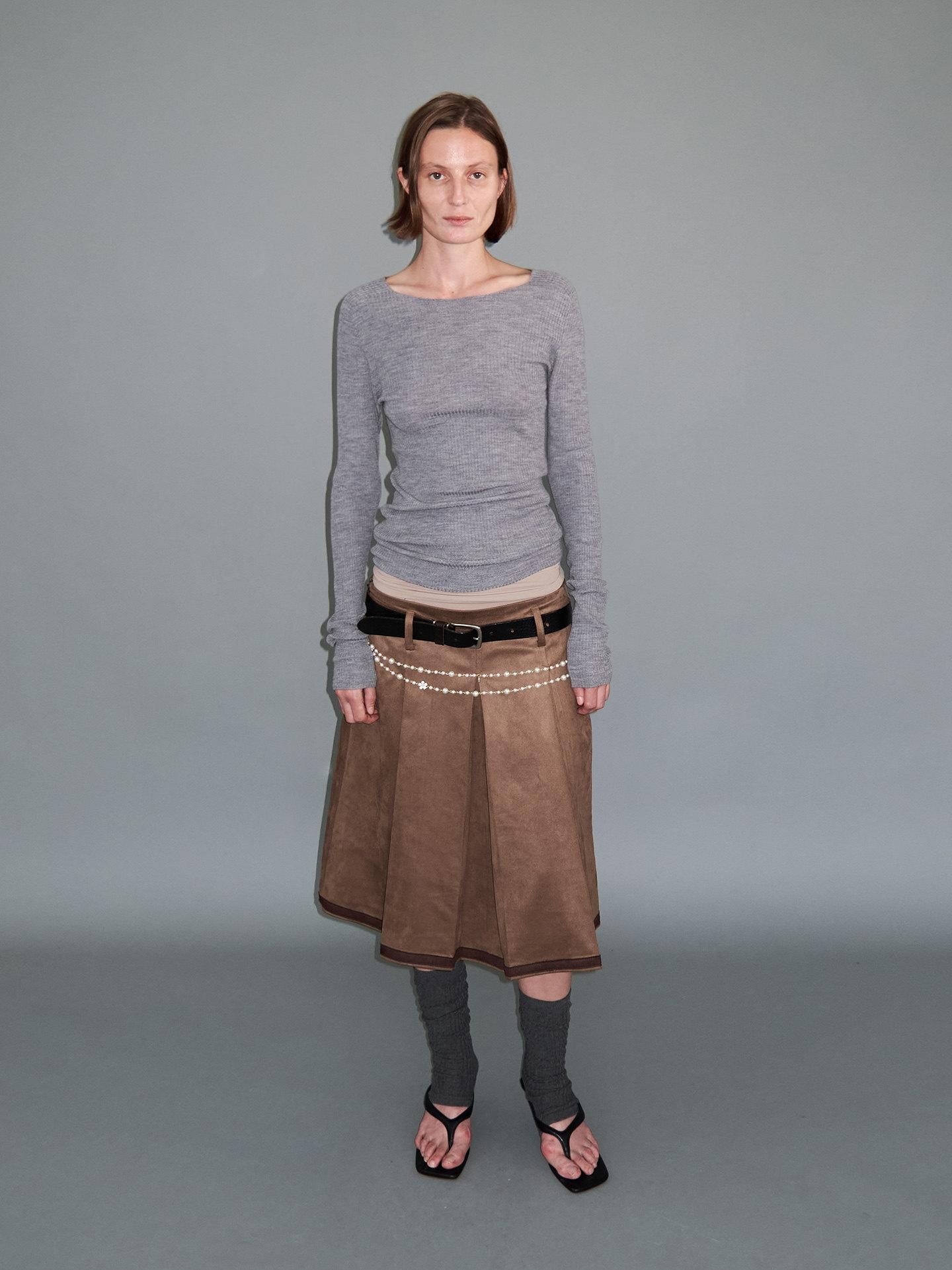 Delivery Gray Ribbed Slim Button Layered Two Piece Round Neck Women&