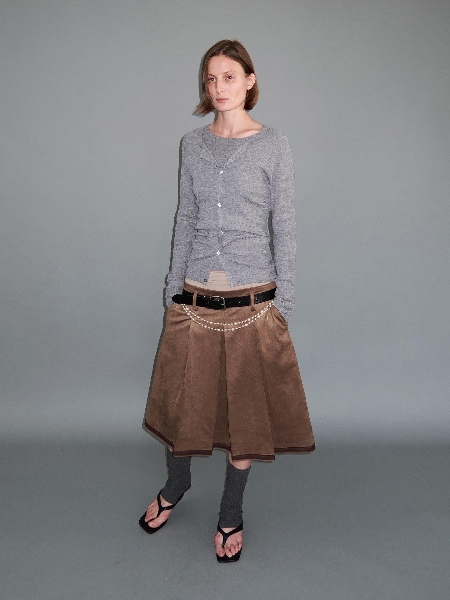 Delivery Gray Ribbed Slim Button Layered Two Piece Round Neck Women&