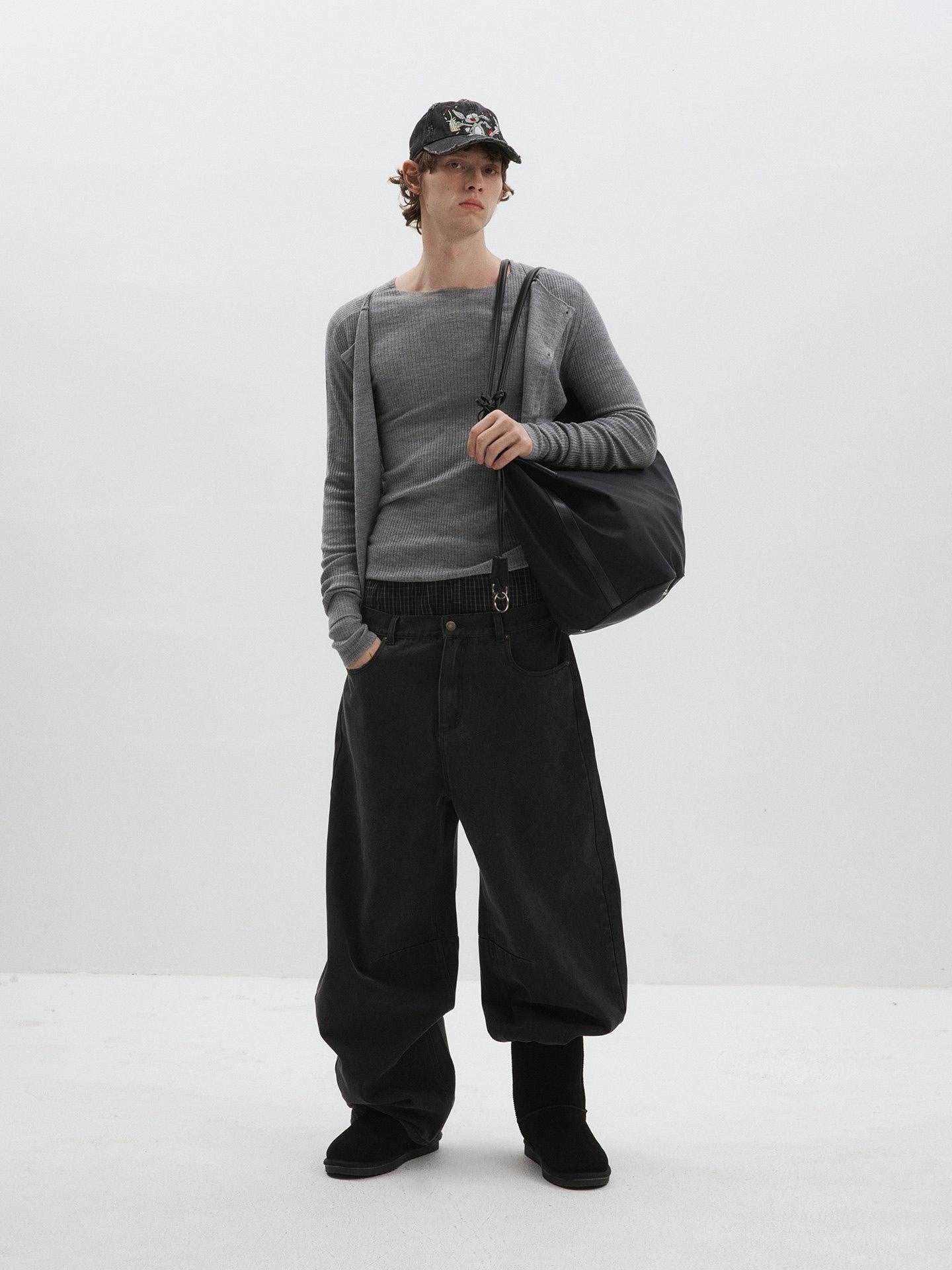 Delivery Gray Ribbed Slim Button Layered Two Piece Round Neck Women&