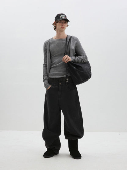 Delivery Gray Ribbed Slim Button Layered Two Piece Round Neck Women&