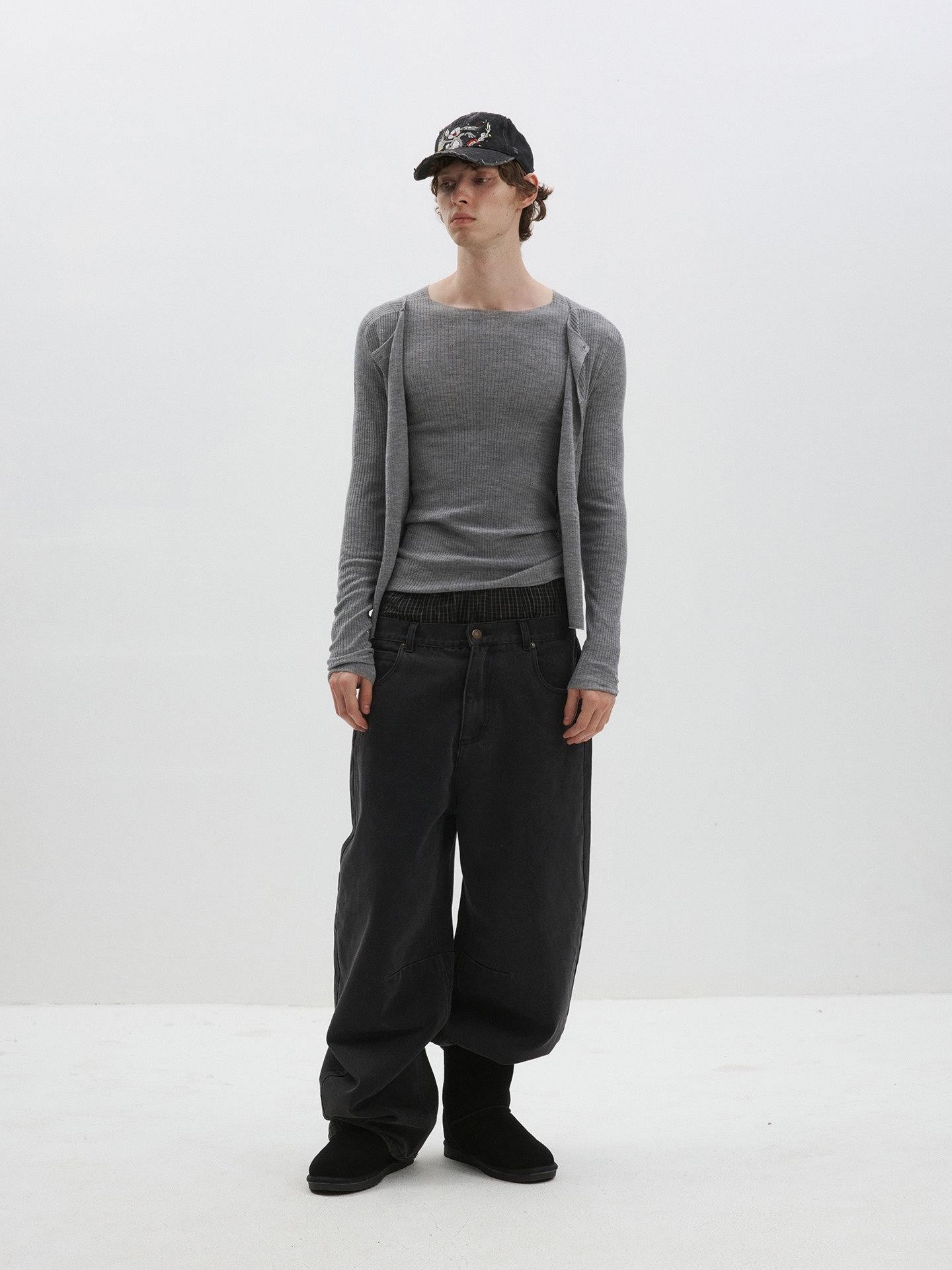 Delivery Gray Ribbed Slim Button Layered Two Piece Round Neck Women&