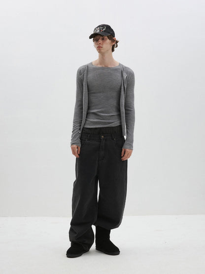 Delivery Gray Ribbed Slim Button Layered Two Piece Round Neck Women&