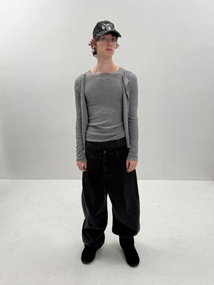 Delivery Gray Ribbed Slim Button Layered Two Piece Round Neck Women&