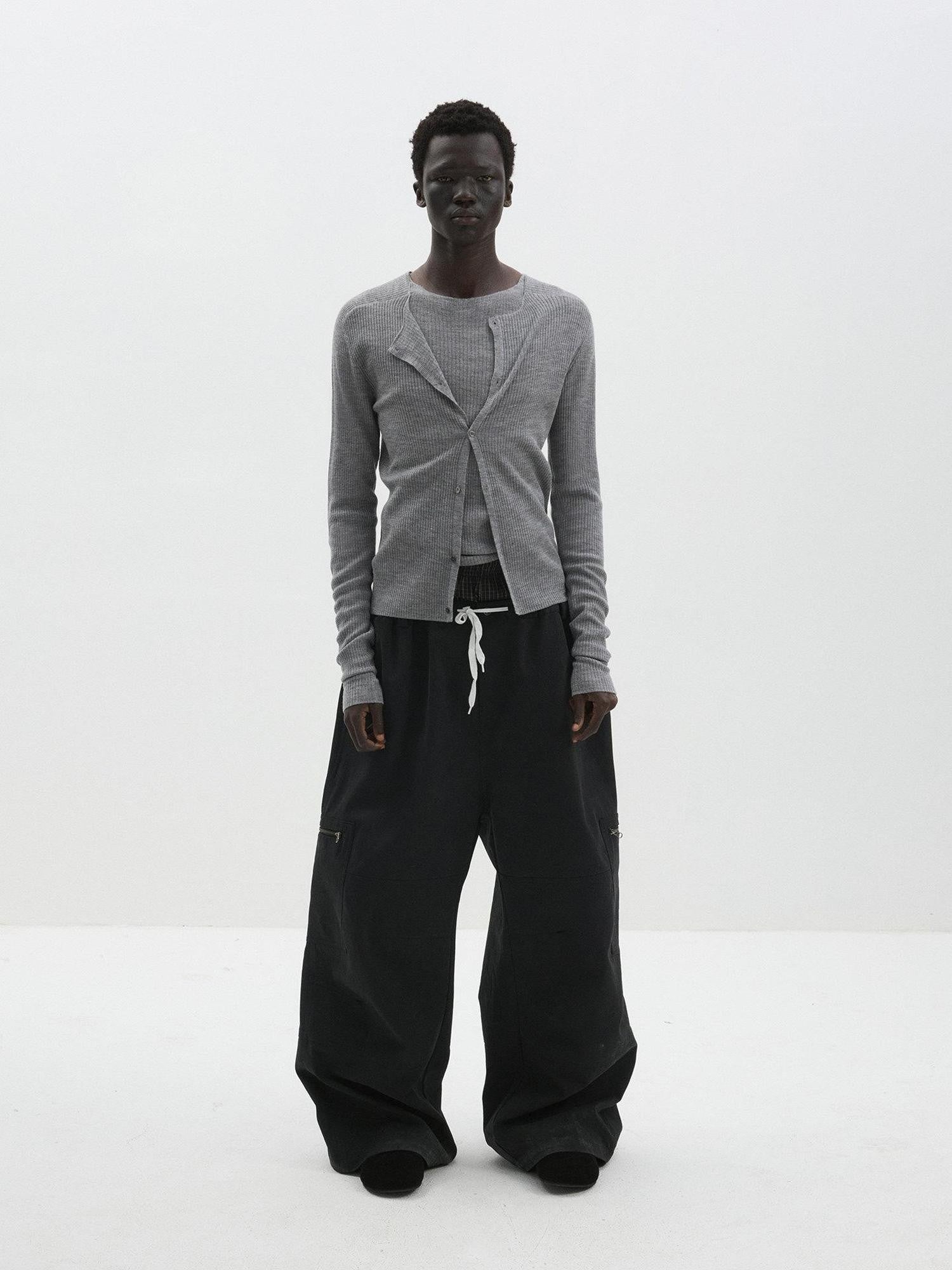 Delivery Gray Ribbed Slim Button Layered Two Piece Round Neck Women&