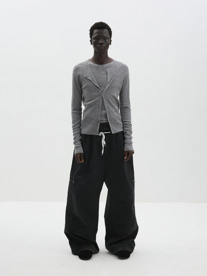 Delivery Gray Ribbed Slim Button Layered Two Piece Round Neck Women&