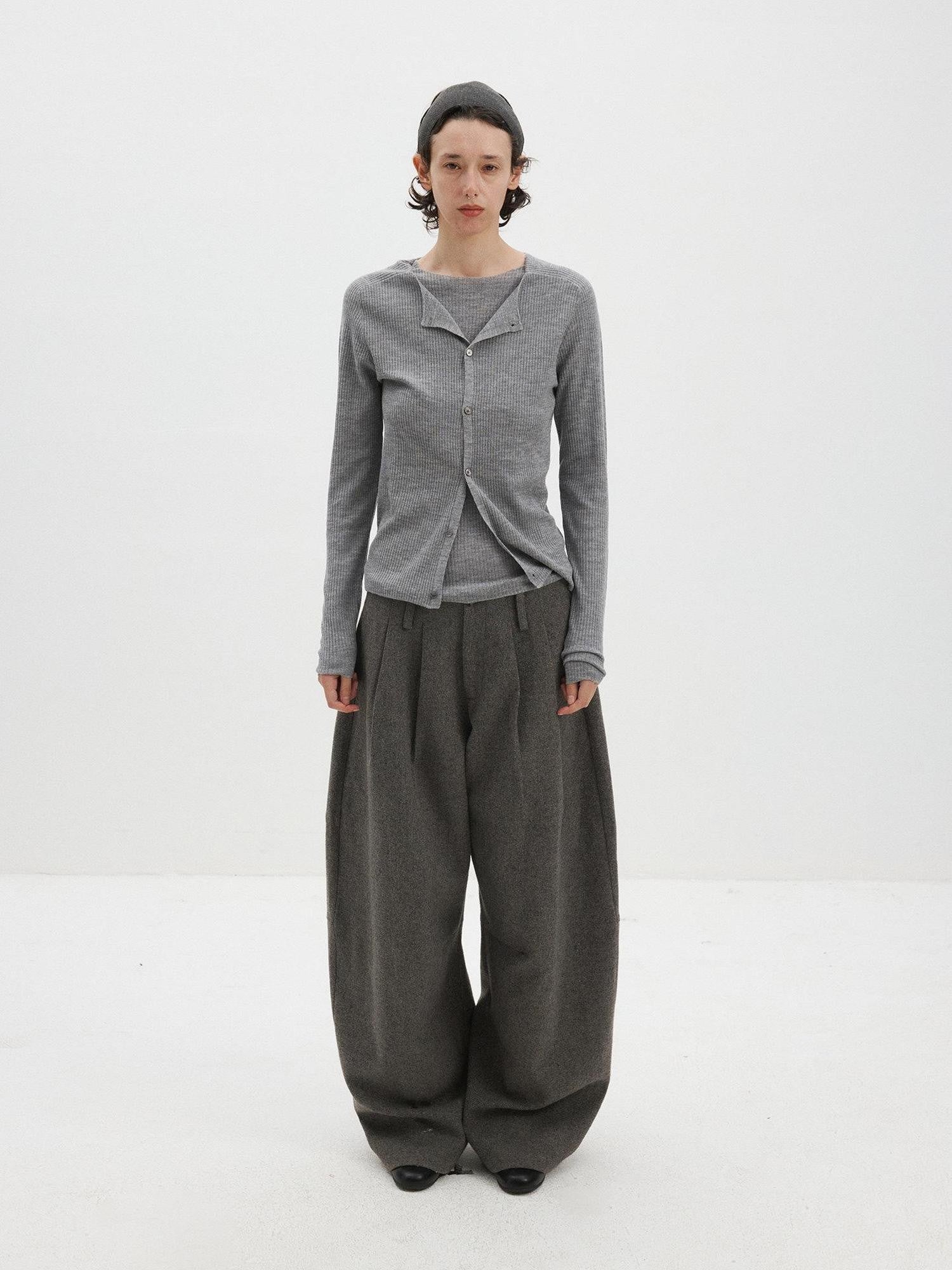 Delivery Gray Ribbed Slim Button Layered Two Piece Round Neck Women&