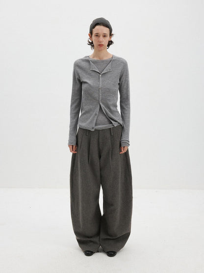 Delivery Gray Ribbed Slim Button Layered Two Piece Round Neck Women&