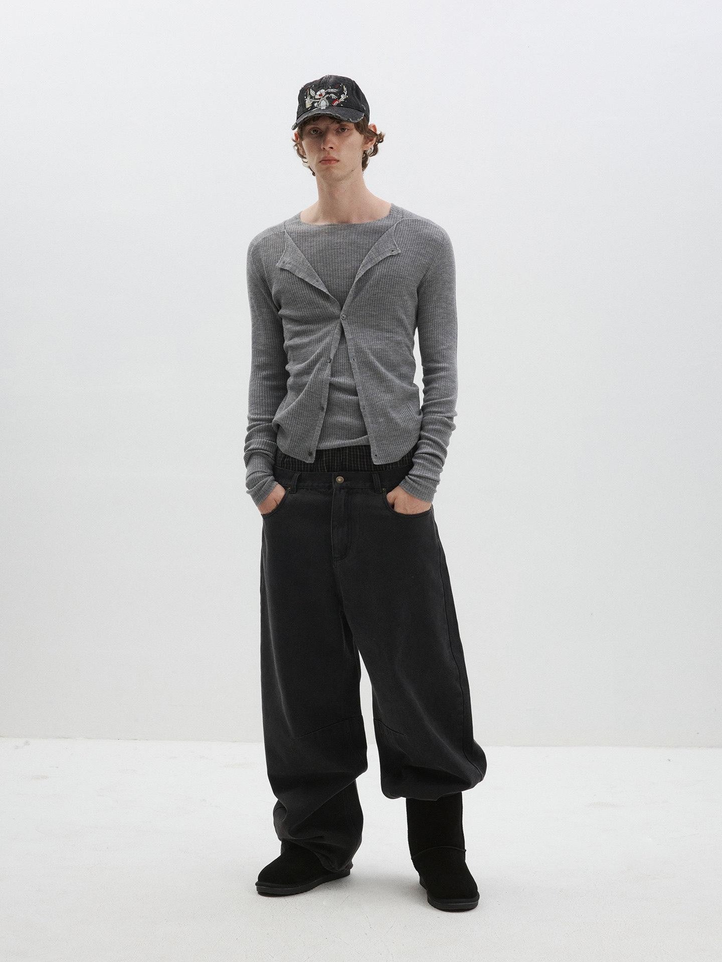 Delivery Gray Ribbed Slim Button Layered Two Piece Round Neck Women&