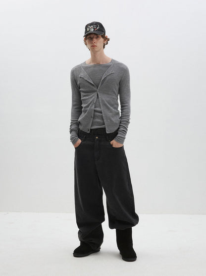 Delivery Gray Ribbed Slim Button Layered Two Piece Round Neck Women&
