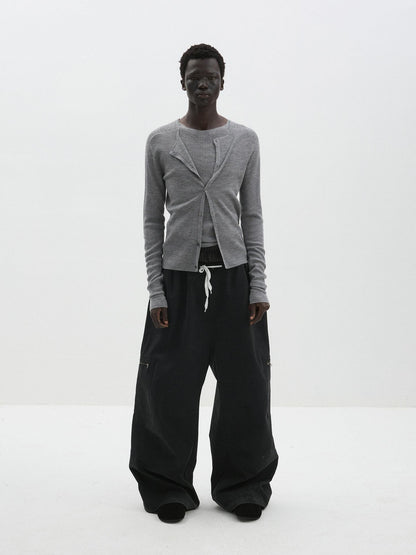 Delivery Gray Ribbed Slim Button Layered Two Piece Round Neck Women&