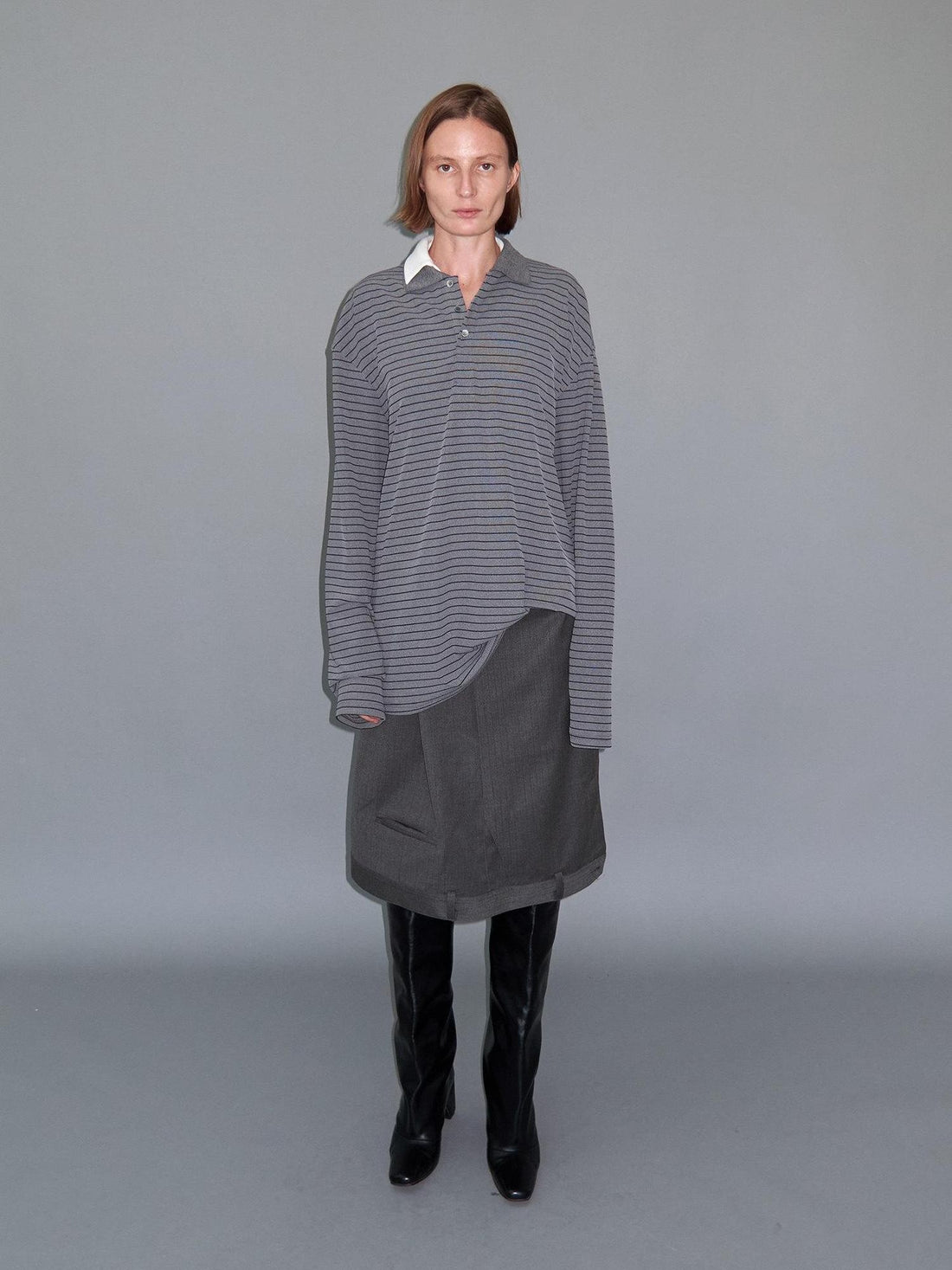 Delivery Gray Striped Polo Style Oversized Women&