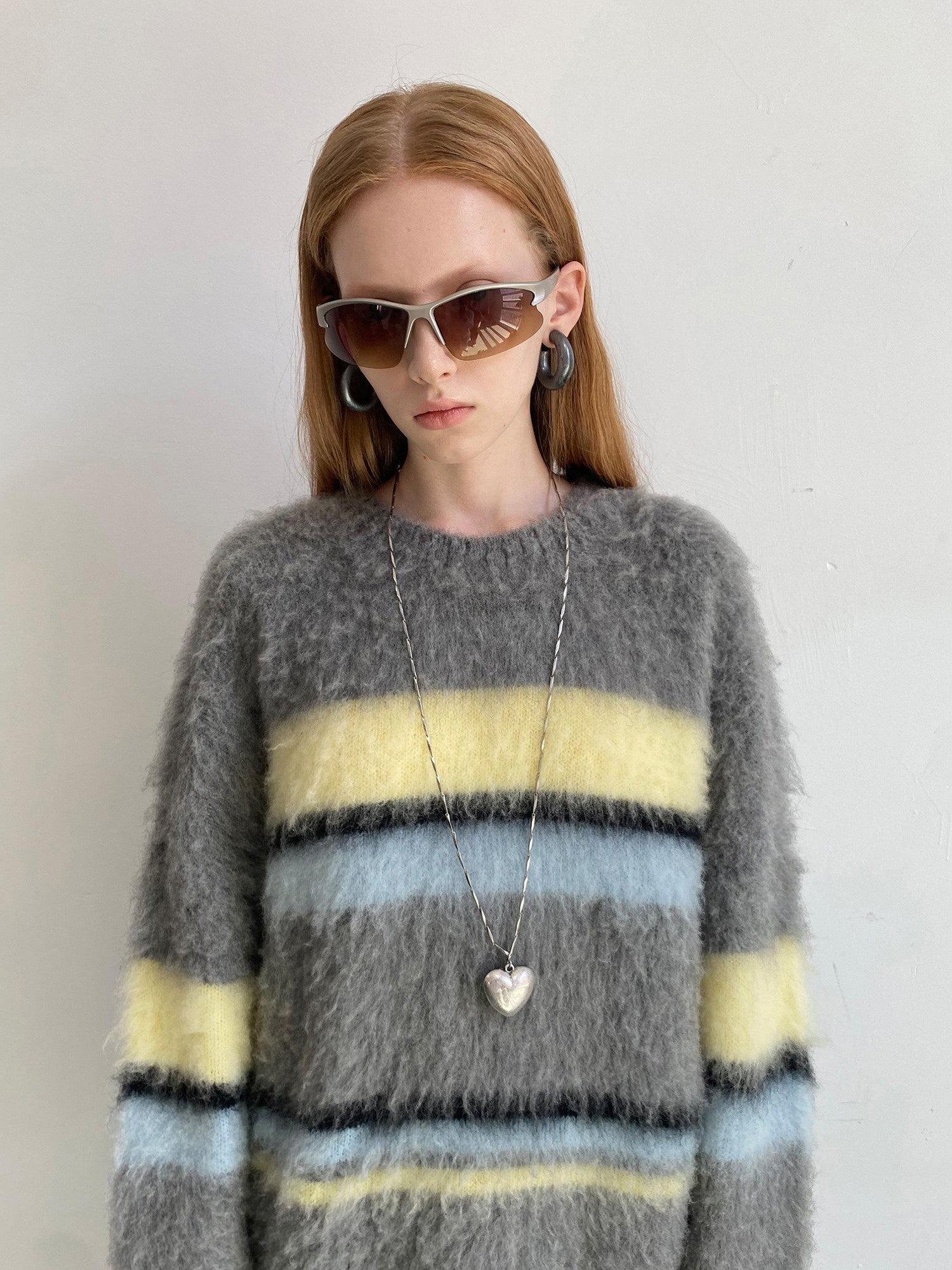 Delivery Gray Yellow Blue Striped Crewneck Brushed Mohair Women&