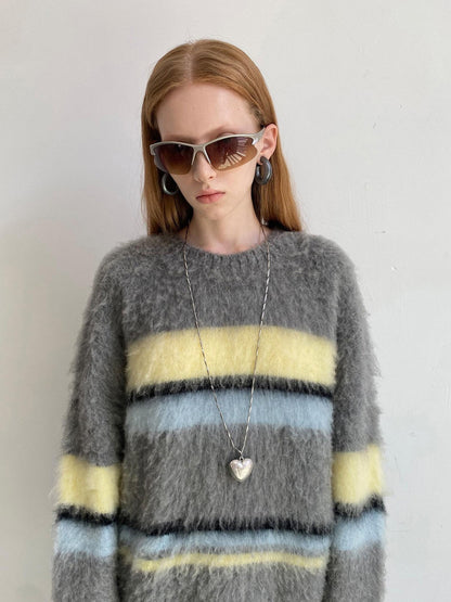Delivery Gray Yellow Blue Striped Crewneck Brushed Mohair Women&