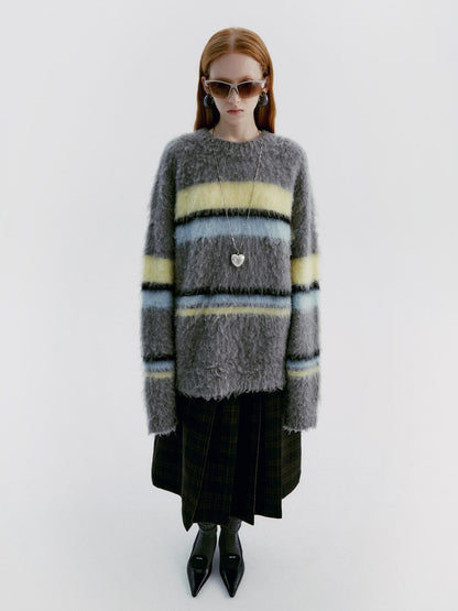 Delivery Gray Yellow Blue Striped Crewneck Brushed Mohair Women&