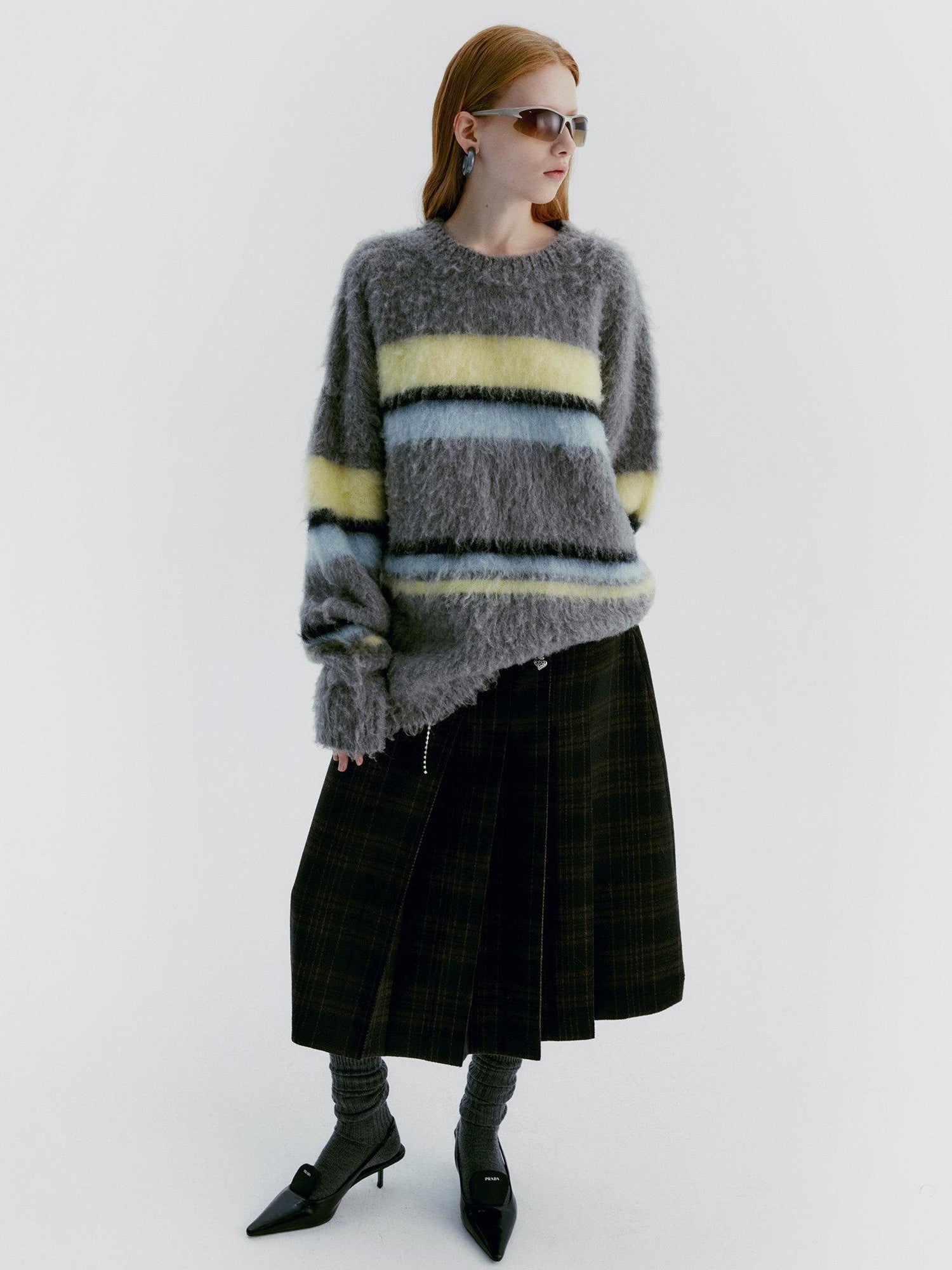 Delivery Gray Yellow Blue Striped Crewneck Brushed Mohair Women&