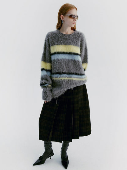 Delivery Gray Yellow Blue Striped Crewneck Brushed Mohair Women&