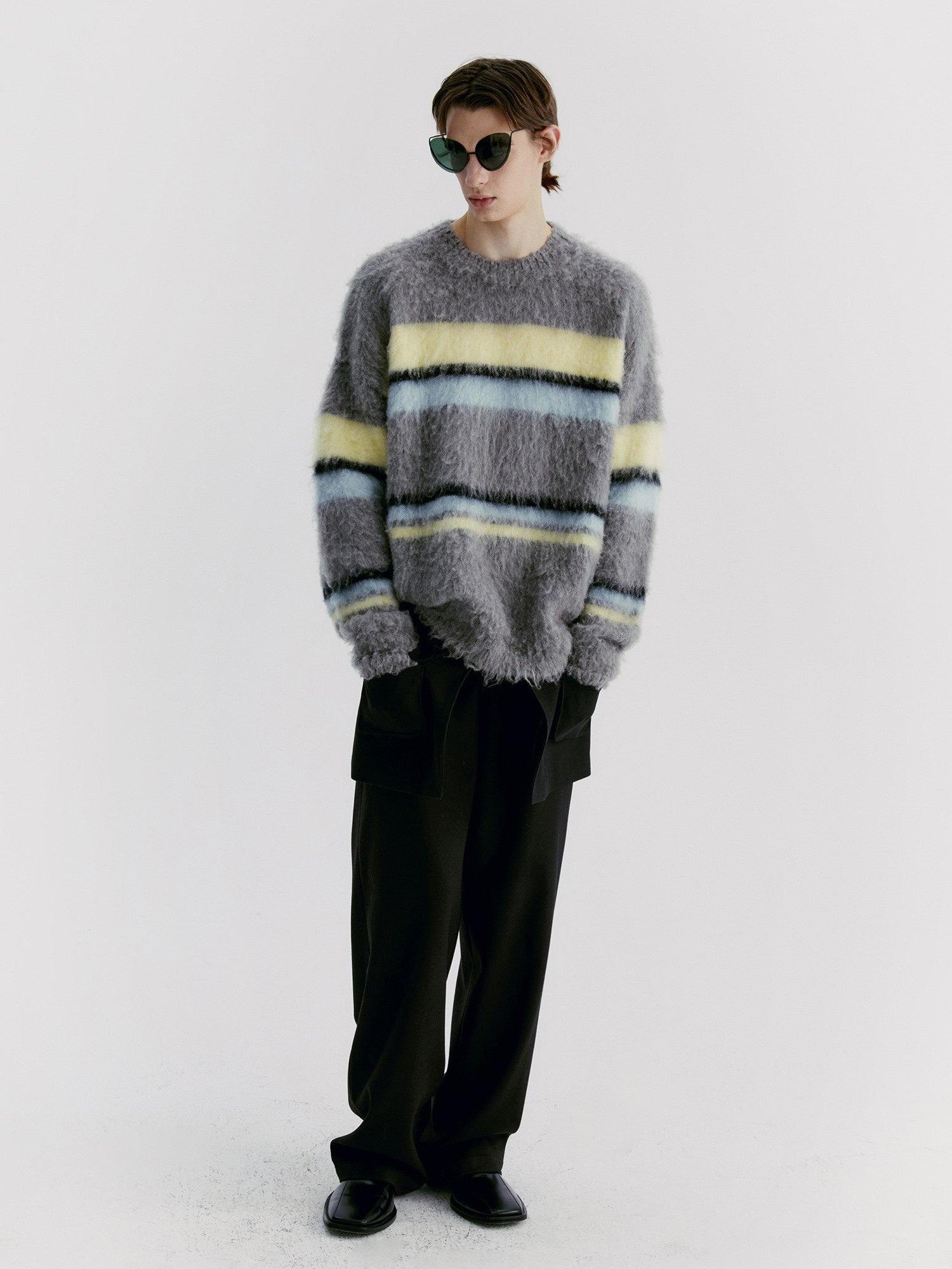 Delivery Gray Yellow Blue Striped Crewneck Brushed Mohair Women&
