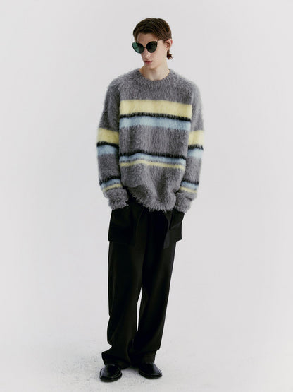 Delivery Gray Yellow Blue Striped Crewneck Brushed Mohair Women&