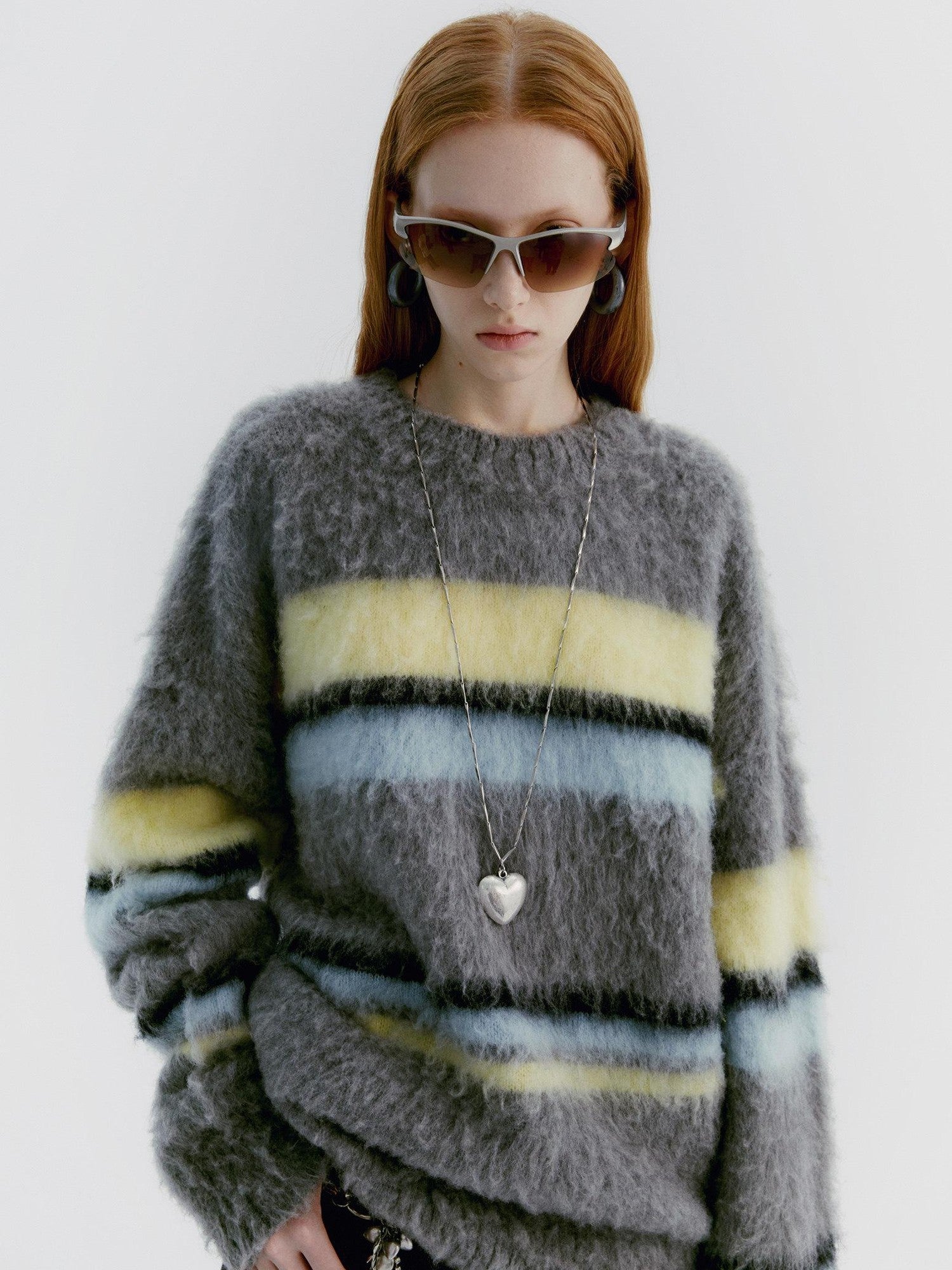 Delivery Gray Yellow Blue Striped Crewneck Brushed Mohair Women&
