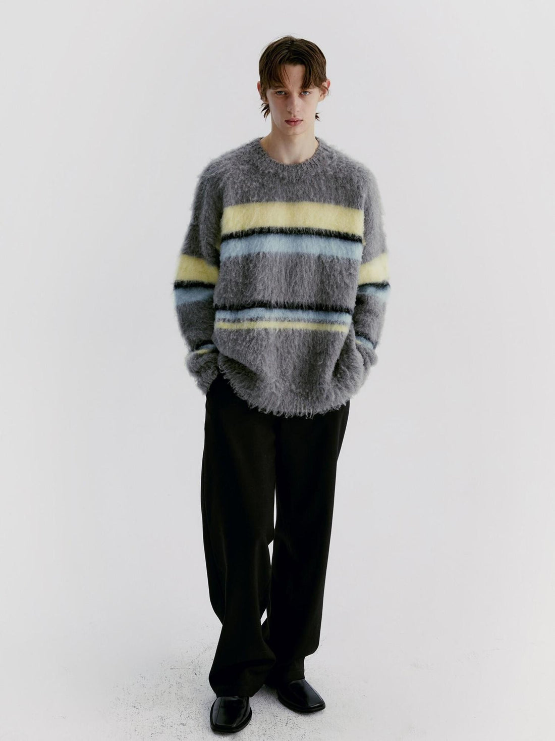 Delivery Gray Yellow Blue Striped Crewneck Brushed Mohair Women&