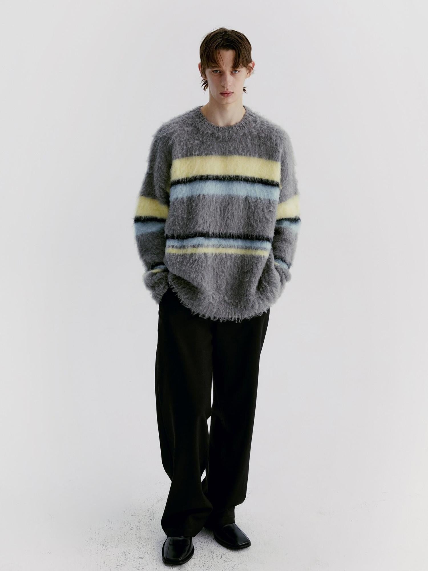 Delivery Gray Yellow Blue Striped Crewneck Brushed Mohair Women&