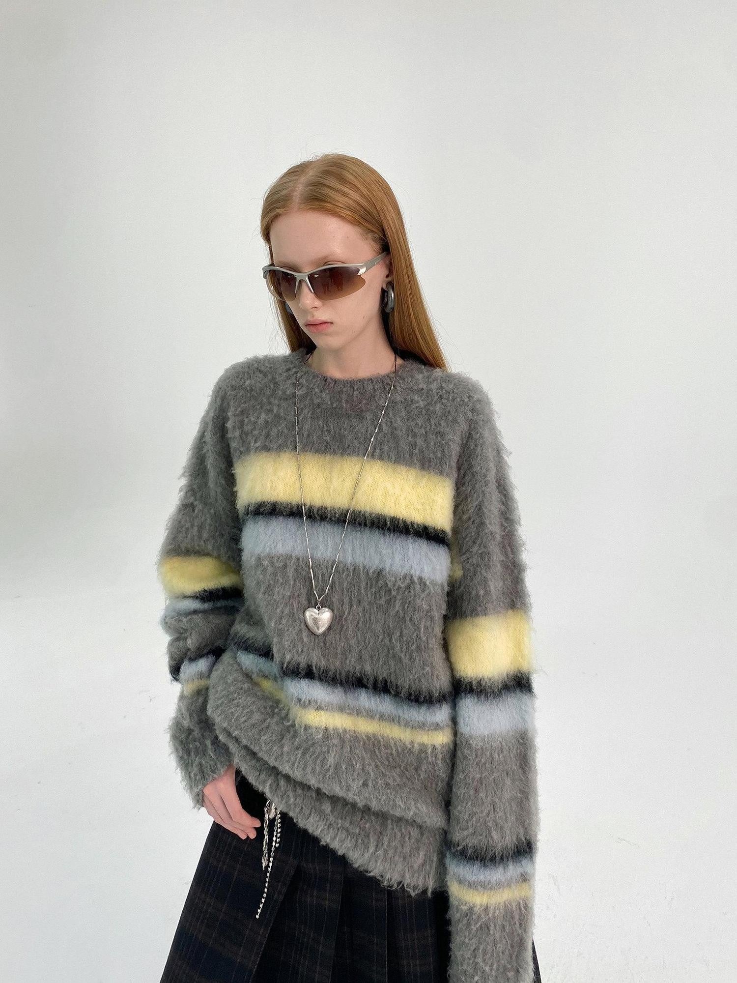 Delivery Gray Yellow Blue Striped Crewneck Brushed Mohair Women&