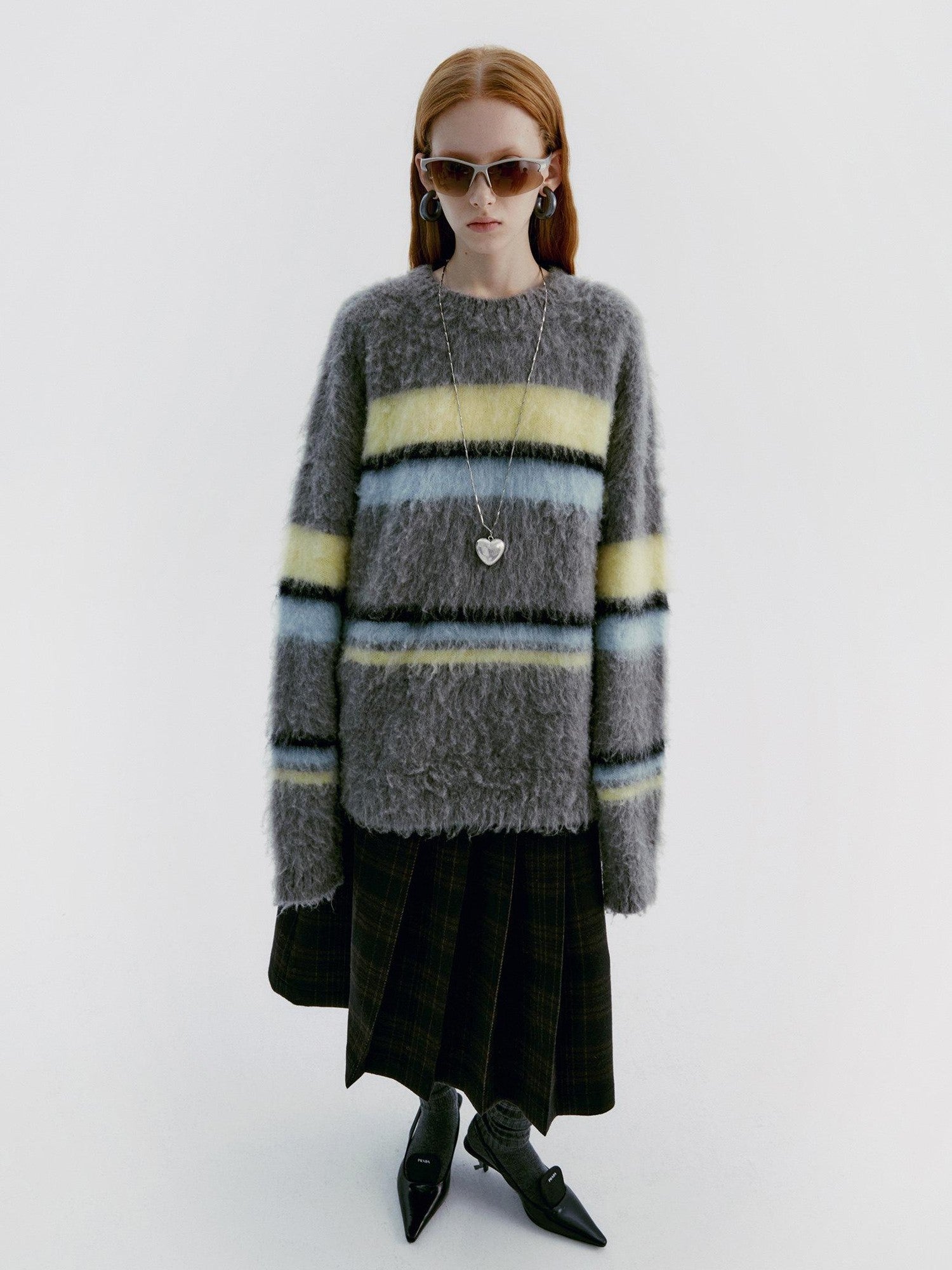 Delivery Gray Yellow Blue Striped Crewneck Brushed Mohair Women&