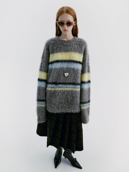 Delivery Gray Yellow Blue Striped Crewneck Brushed Mohair Women&