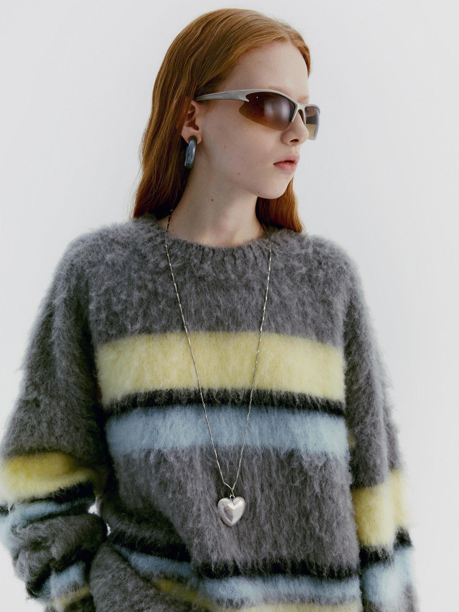 Delivery Gray Yellow Blue Striped Crewneck Brushed Mohair Women&