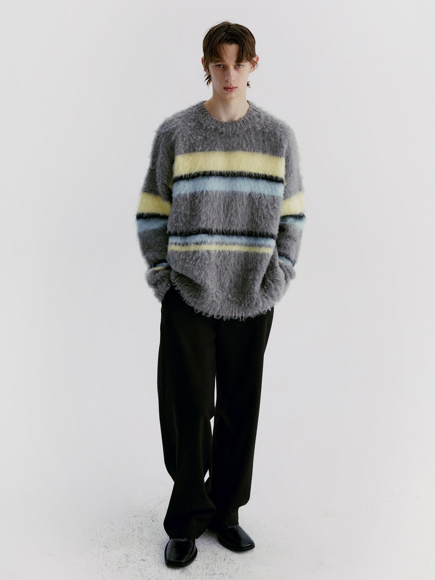 Delivery Gray Yellow Blue Striped Crewneck Brushed Mohair Women&